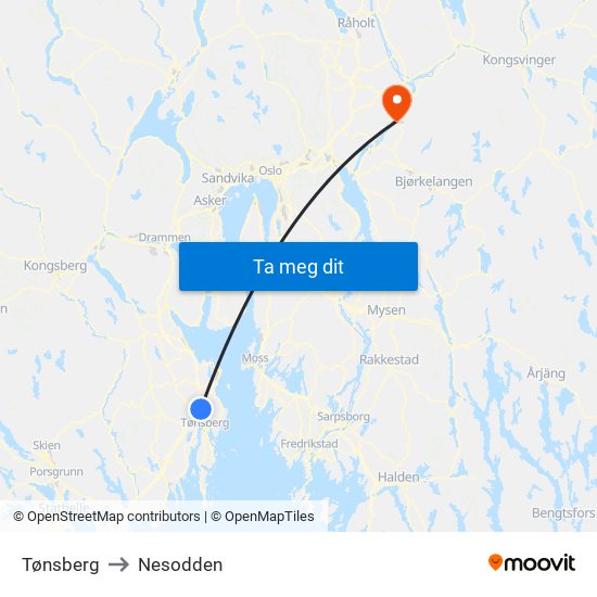 Tønsberg to Nesodden map