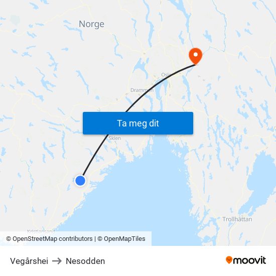 Vegårshei to Nesodden map