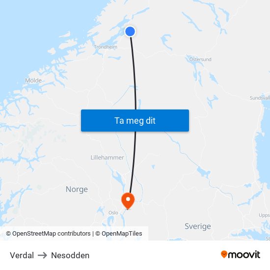 Verdal to Nesodden map