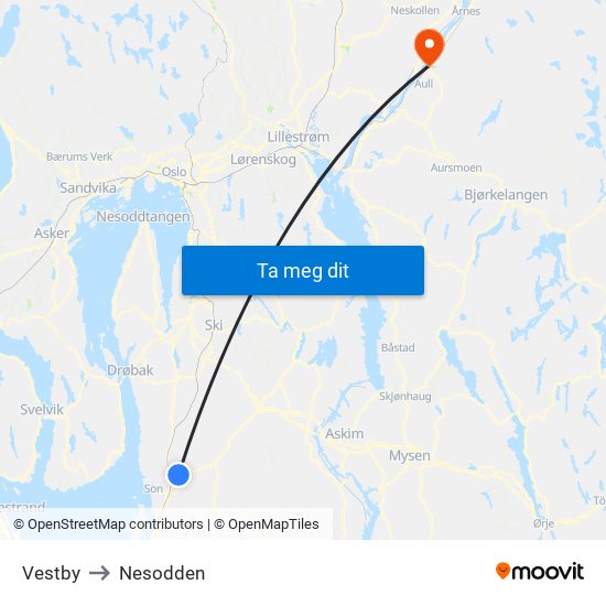 Vestby to Nesodden map