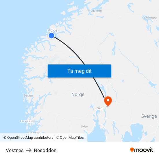 Vestnes to Nesodden map