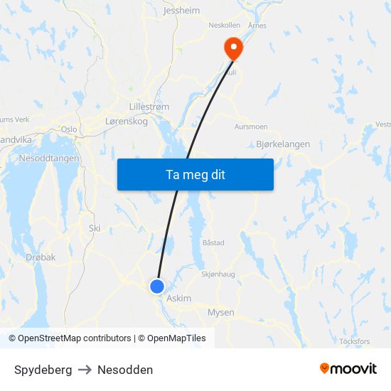 Spydeberg to Nesodden map