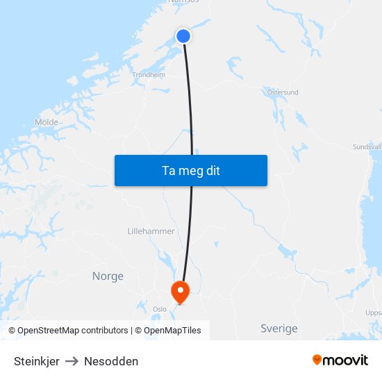 Steinkjer to Nesodden map