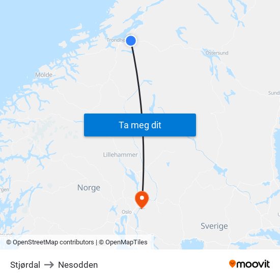 Stjørdal to Nesodden map