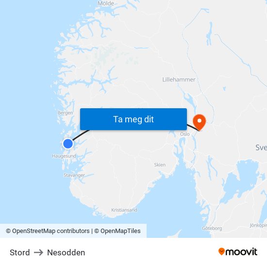Stord to Nesodden map