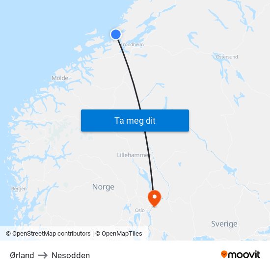 Ørland to Nesodden map
