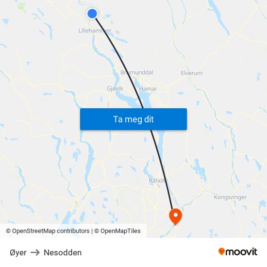 Øyer to Nesodden map