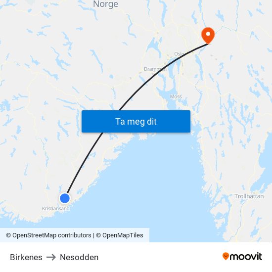 Birkenes to Nesodden map