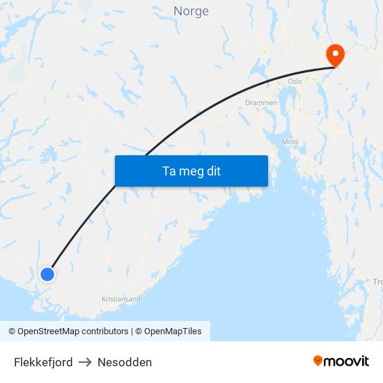 Flekkefjord to Nesodden map