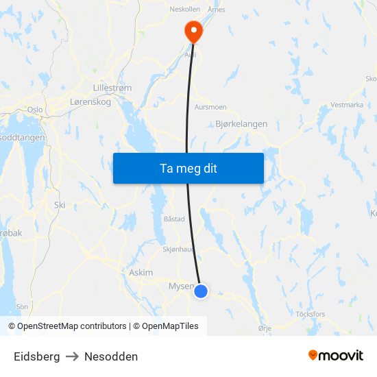 Eidsberg to Nesodden map