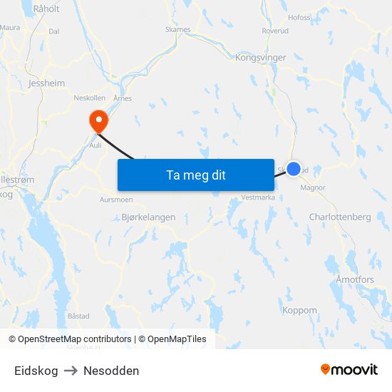 Eidskog to Nesodden map