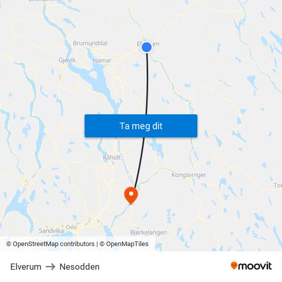 Elverum to Nesodden map
