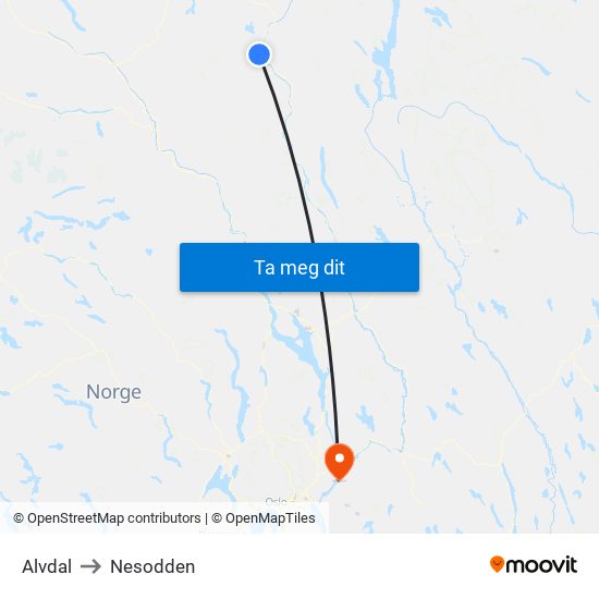 Alvdal to Nesodden map