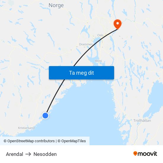 Arendal to Nesodden map