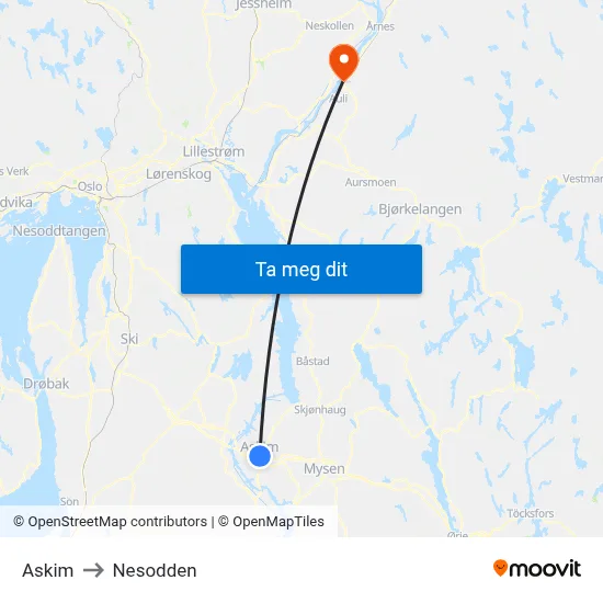 Askim to Nesodden map