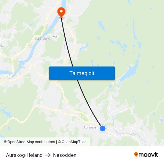 Aurskog-Høland to Nesodden map