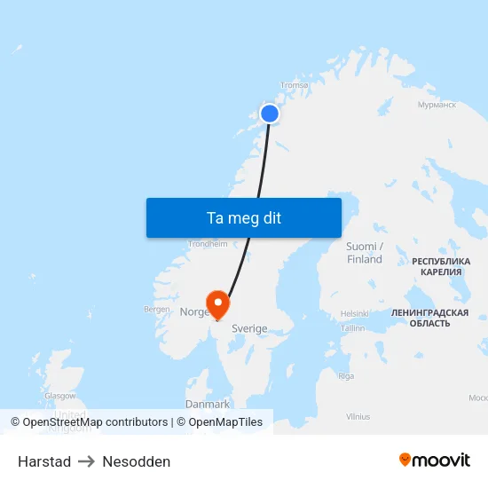 Harstad to Nesodden map