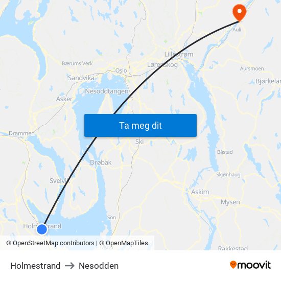 Holmestrand to Nesodden map