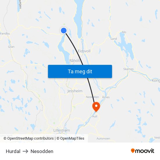 Hurdal to Nesodden map