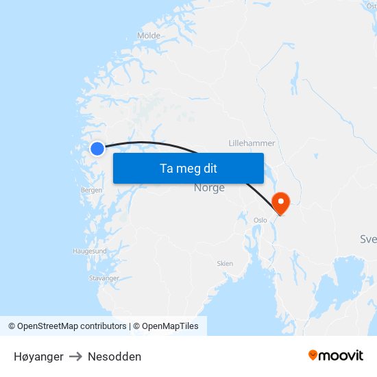 Høyanger to Nesodden map