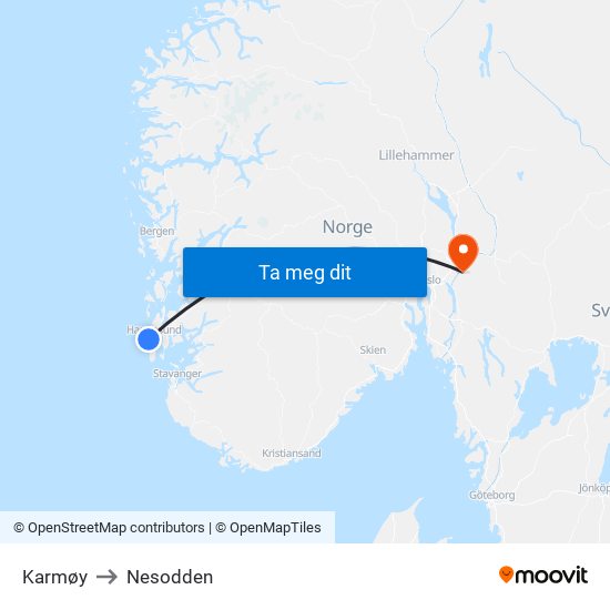 Karmøy to Nesodden map