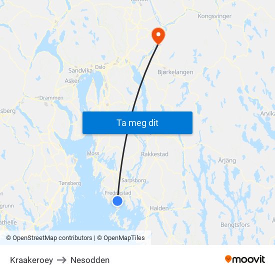 Kraakeroey to Nesodden map