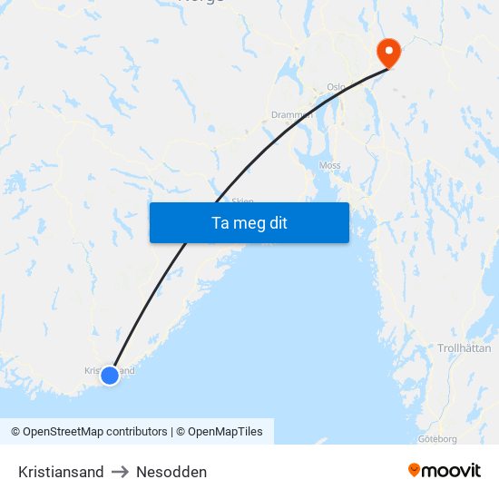 Kristiansand to Nesodden map