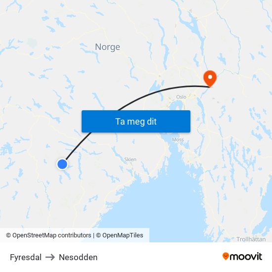 Fyresdal to Nesodden map