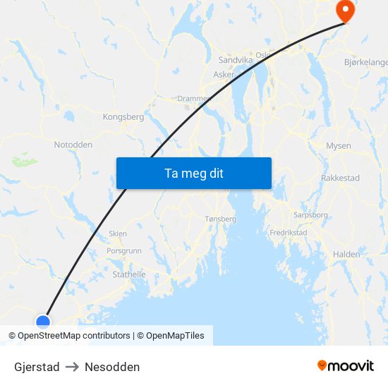 Gjerstad to Nesodden map