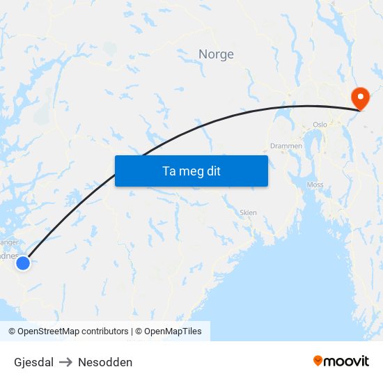 Gjesdal to Nesodden map