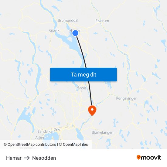 Hamar to Nesodden map