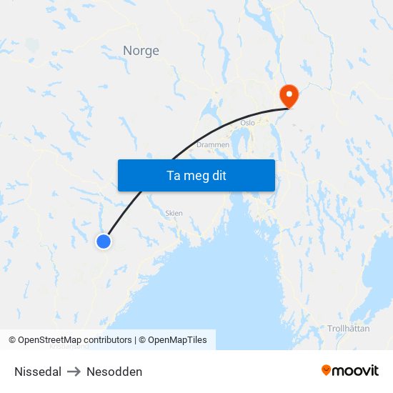 Nissedal to Nesodden map