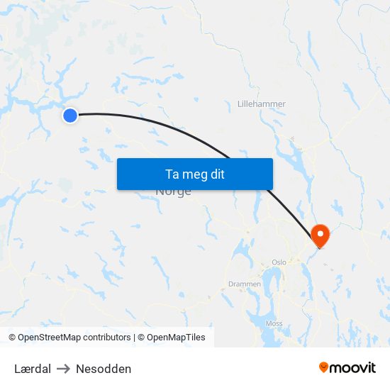 Lærdal to Nesodden map