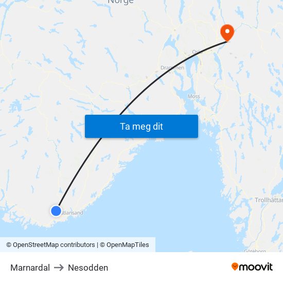 Marnardal to Nesodden map