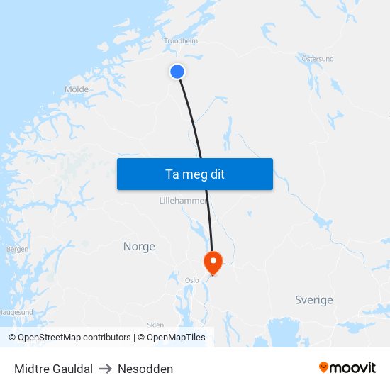 Midtre Gauldal to Nesodden map