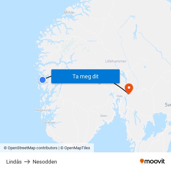 Lindås to Nesodden map