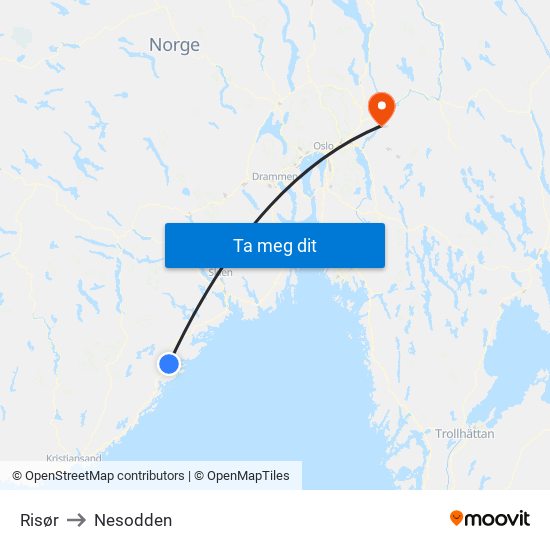 Risør to Nesodden map