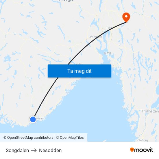 Songdalen to Nesodden map