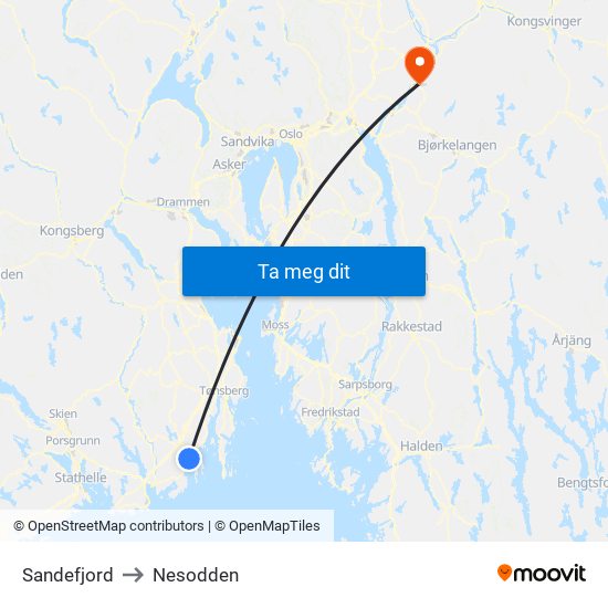 Sandefjord to Nesodden map