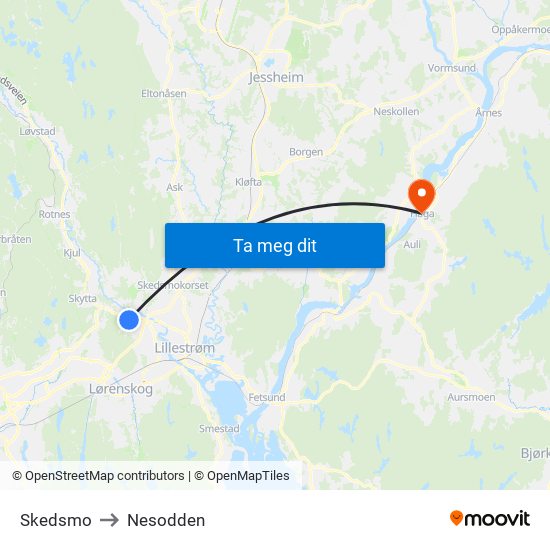 Skedsmo to Nesodden map