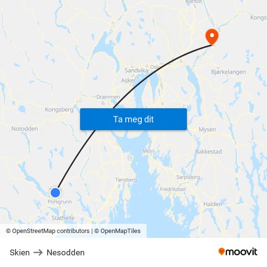Skien to Nesodden map