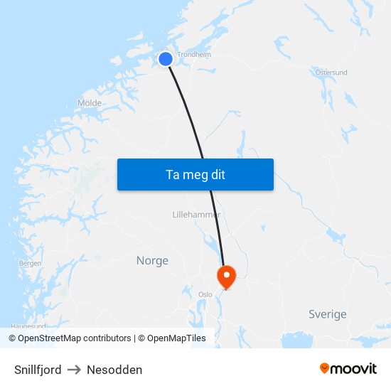 Snillfjord to Nesodden map
