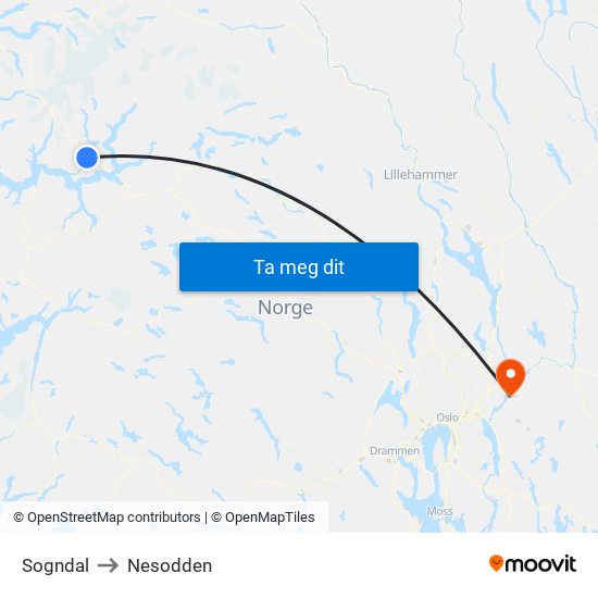 Sogndal to Nesodden map