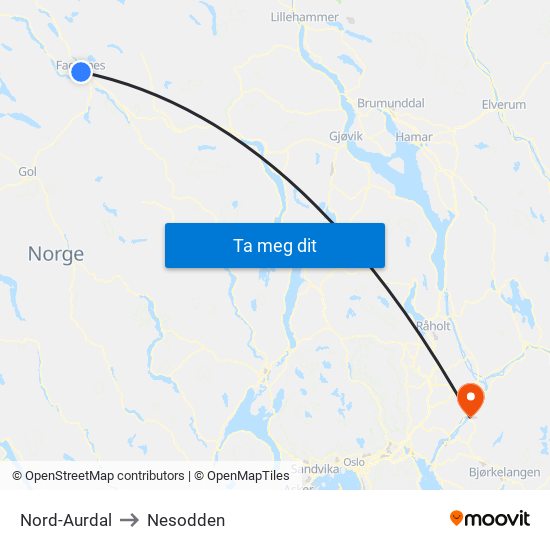 Nord-Aurdal to Nesodden map