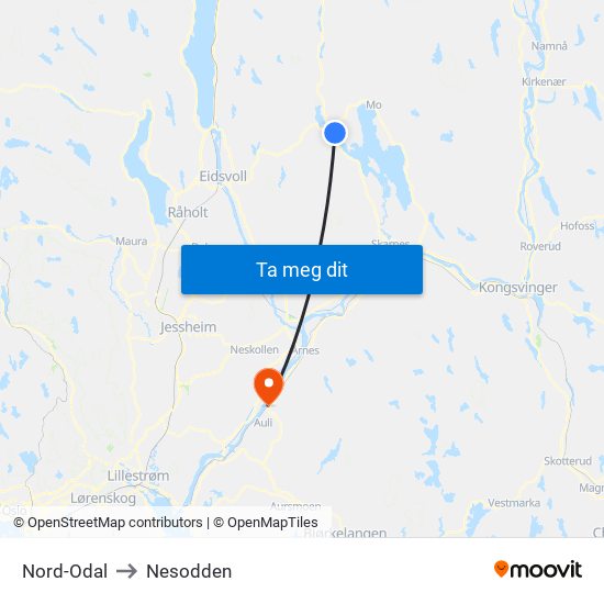 Nord-Odal to Nesodden map