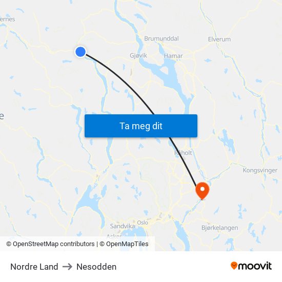 Nordre Land to Nesodden map