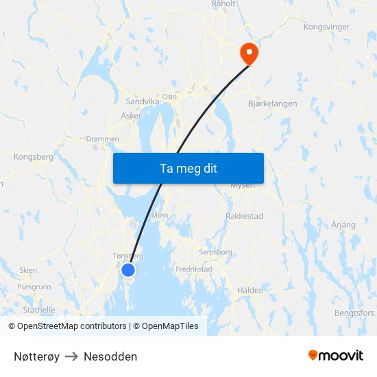 Nøtterøy to Nesodden map