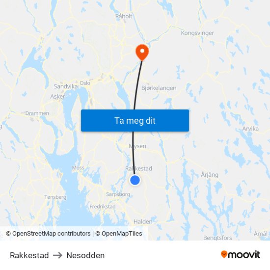 Rakkestad to Nesodden map