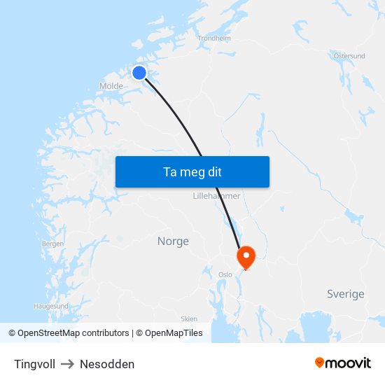 Tingvoll to Nesodden map