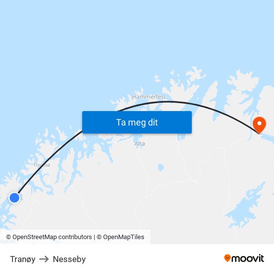 Tranøy to Nesseby map